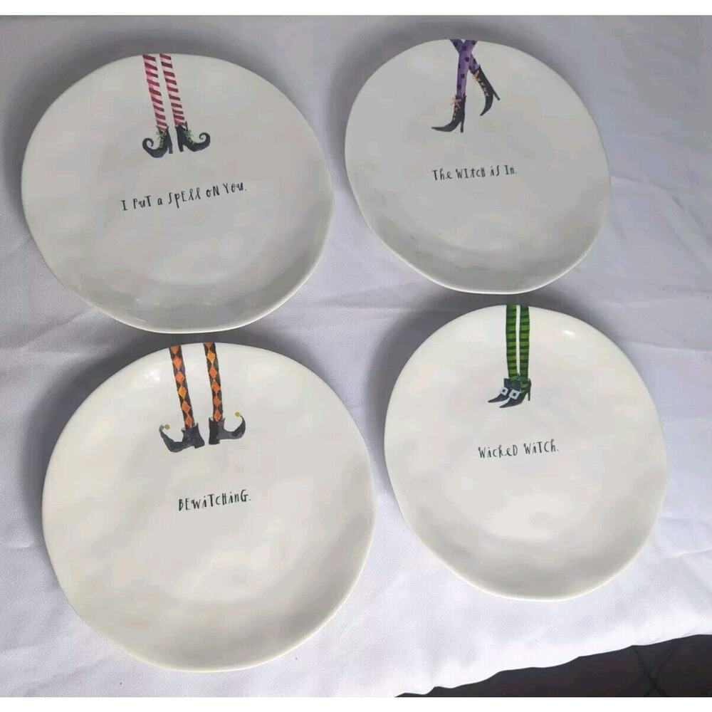 Rae Dunn Witches Feet 10" Melamine Dinner Plates Set of 4 Halloween White Spell